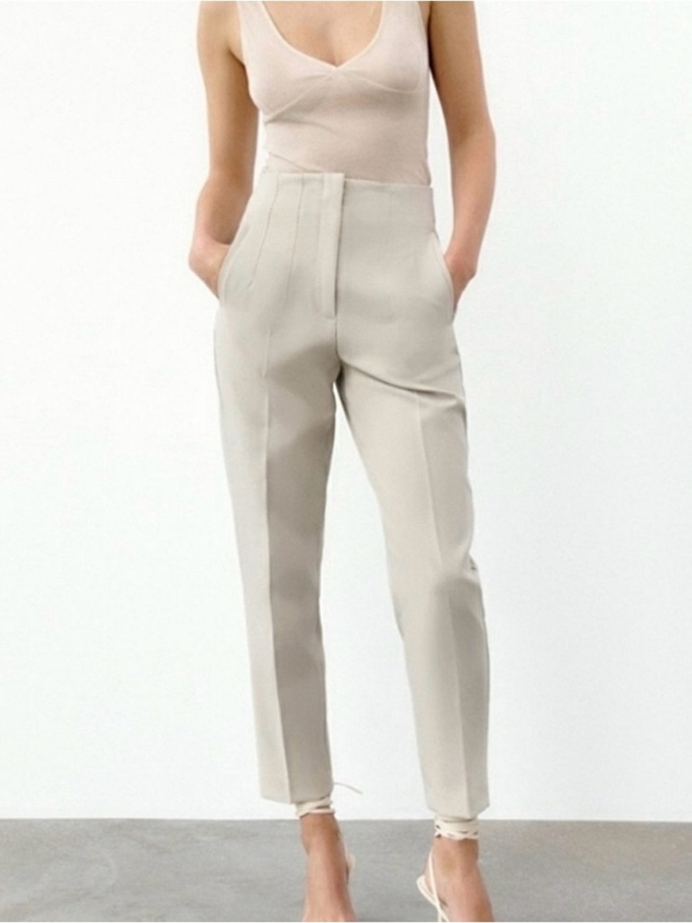 Zara Neutral Straight-Leg High-Waist Pants in Light Taupe